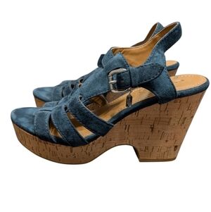 Coach Navy Blue Suede Kennedy Cork Wedge Heel Open Toe Ankle Strap Sandals 7.5B